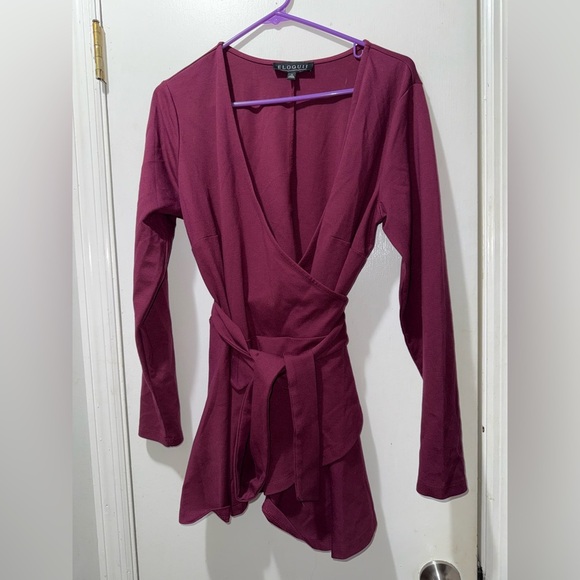 Eloquii Peplum Butgundy Wrap Blouse V Neck Long Sleeve Size 14 - Picture 2 of 6